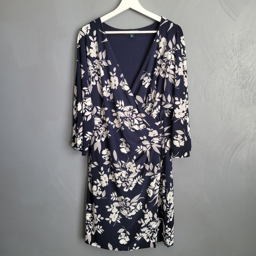 LAUREN Ralph Lauren Dress Size 14 Faux Wrap 3/4 Sleeve Blue White‎ Floral